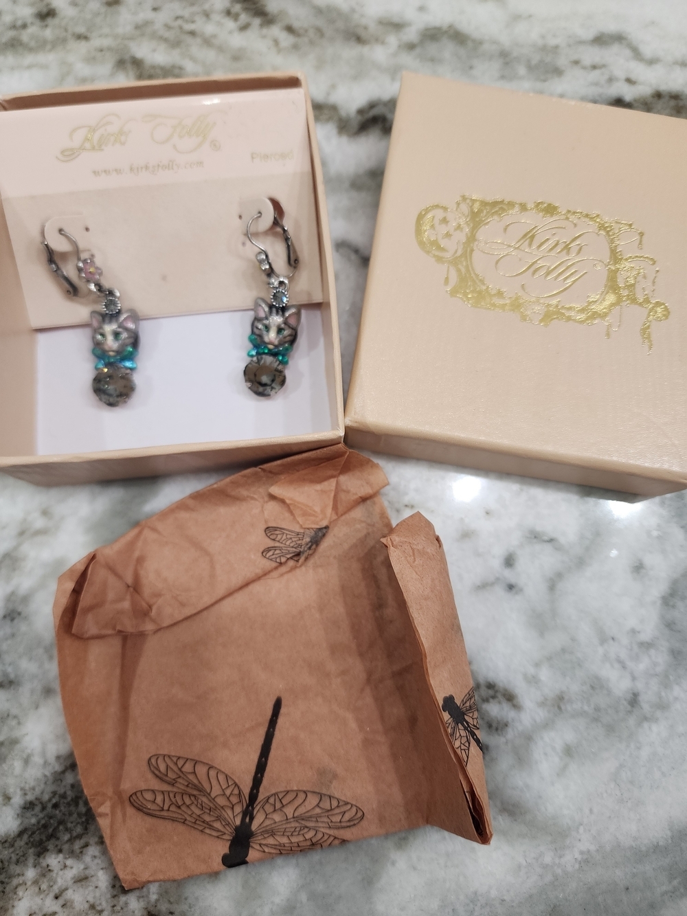 Kirks Folly Cat Drop Earrings Inclides Box And Paper